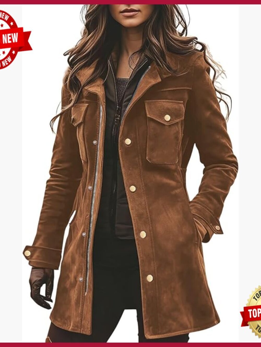 Women's Faux Suede Utility Jacket Long Sleeve Zip Up Safari Shacket